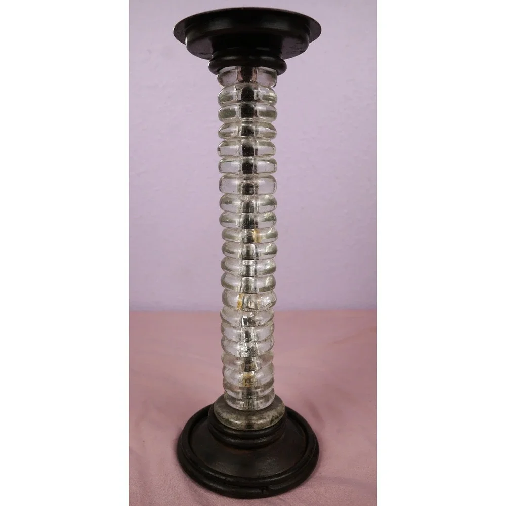 Clear Glass Beads & Dark Metal footed distressed pillar candle holder 12